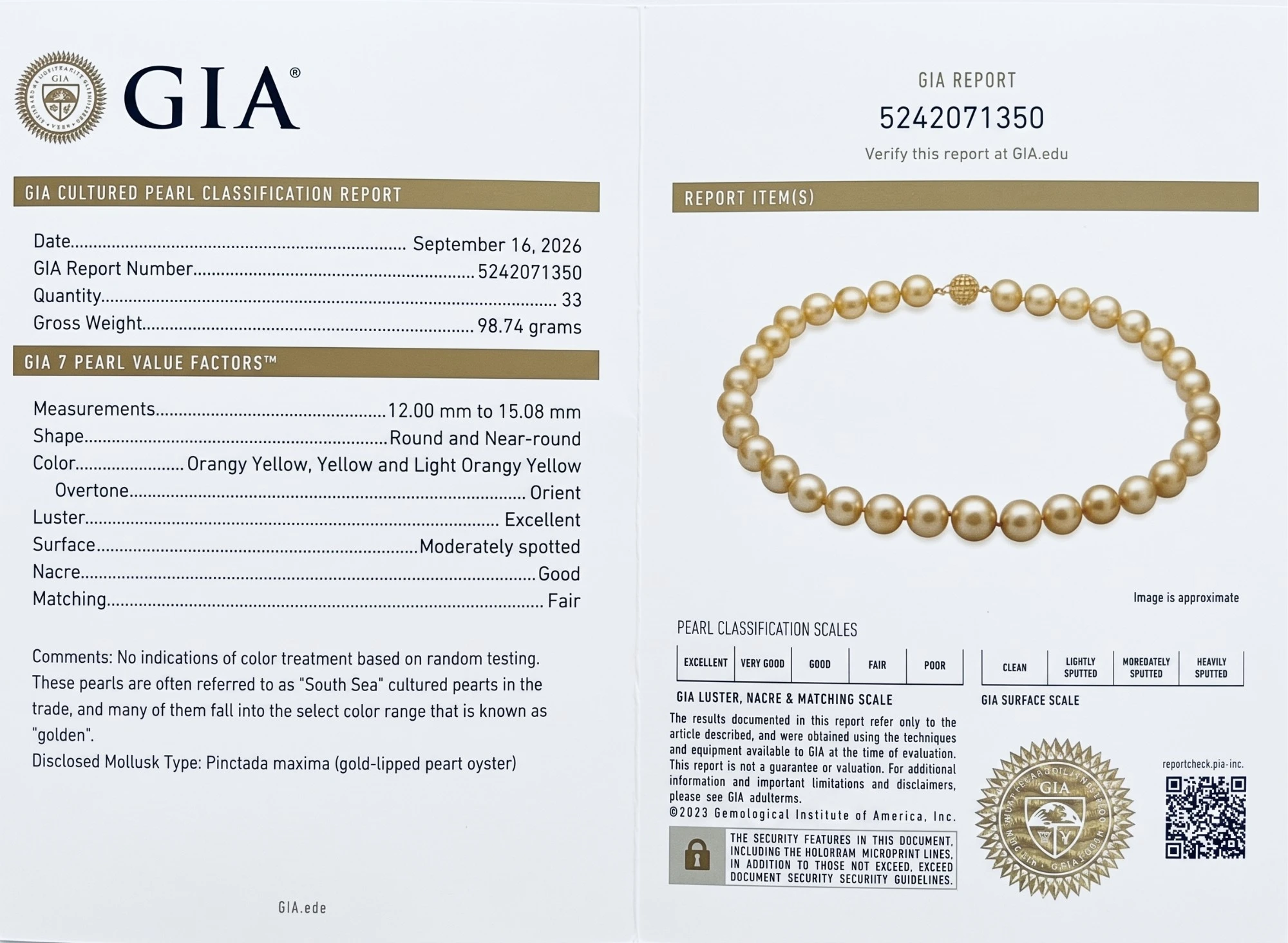 GIA Cultured Pearl Classification Report 5242071350