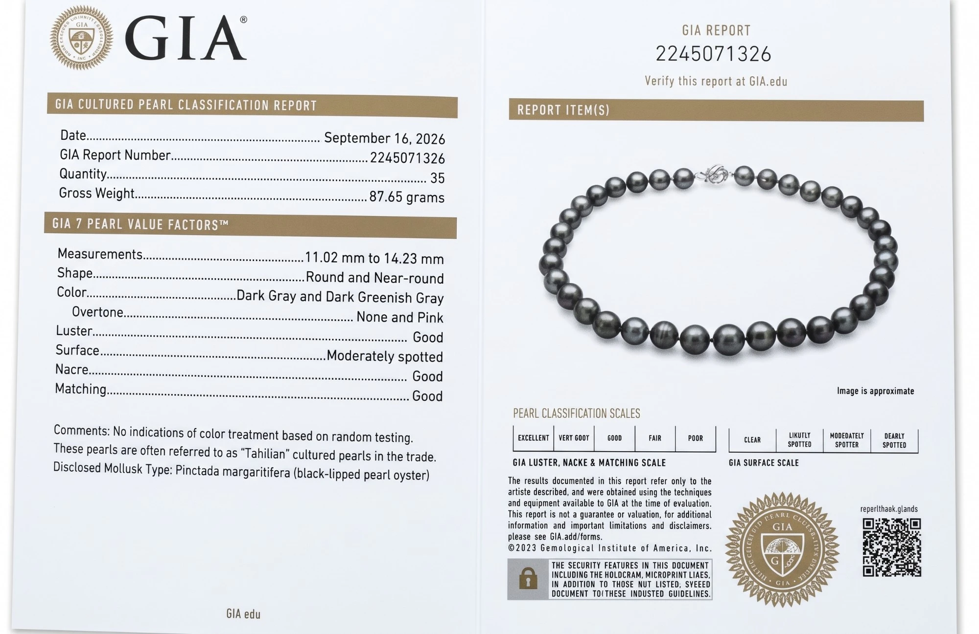 GIA Cultured Pearl Classification Report 2245071326
