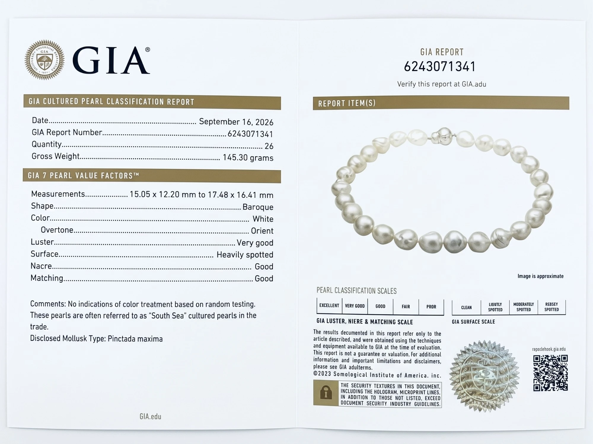 GIA Cultured Pearl Classification Report 6243071341