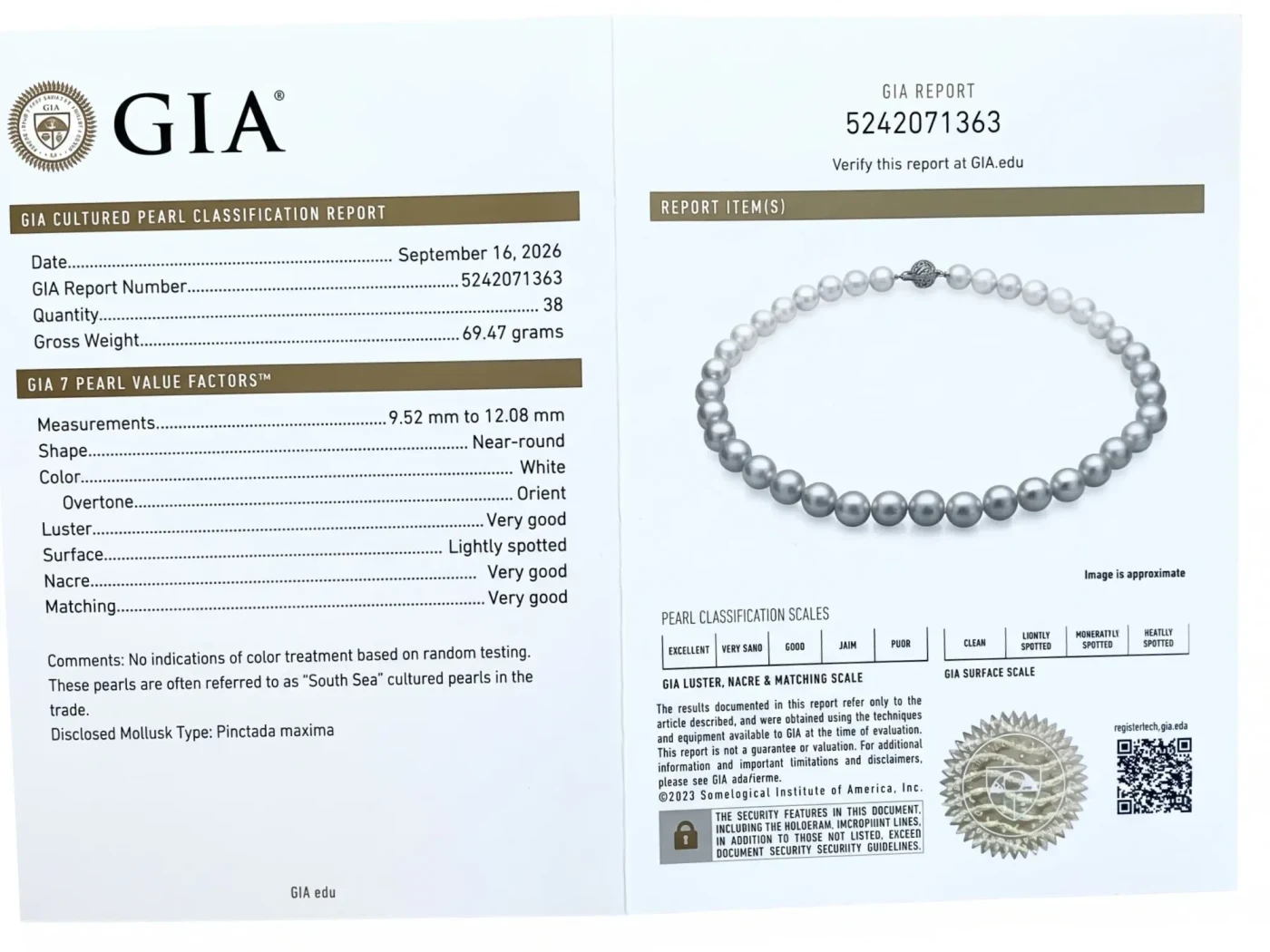 GIA Cultured Pearl Classification Report 5242071363