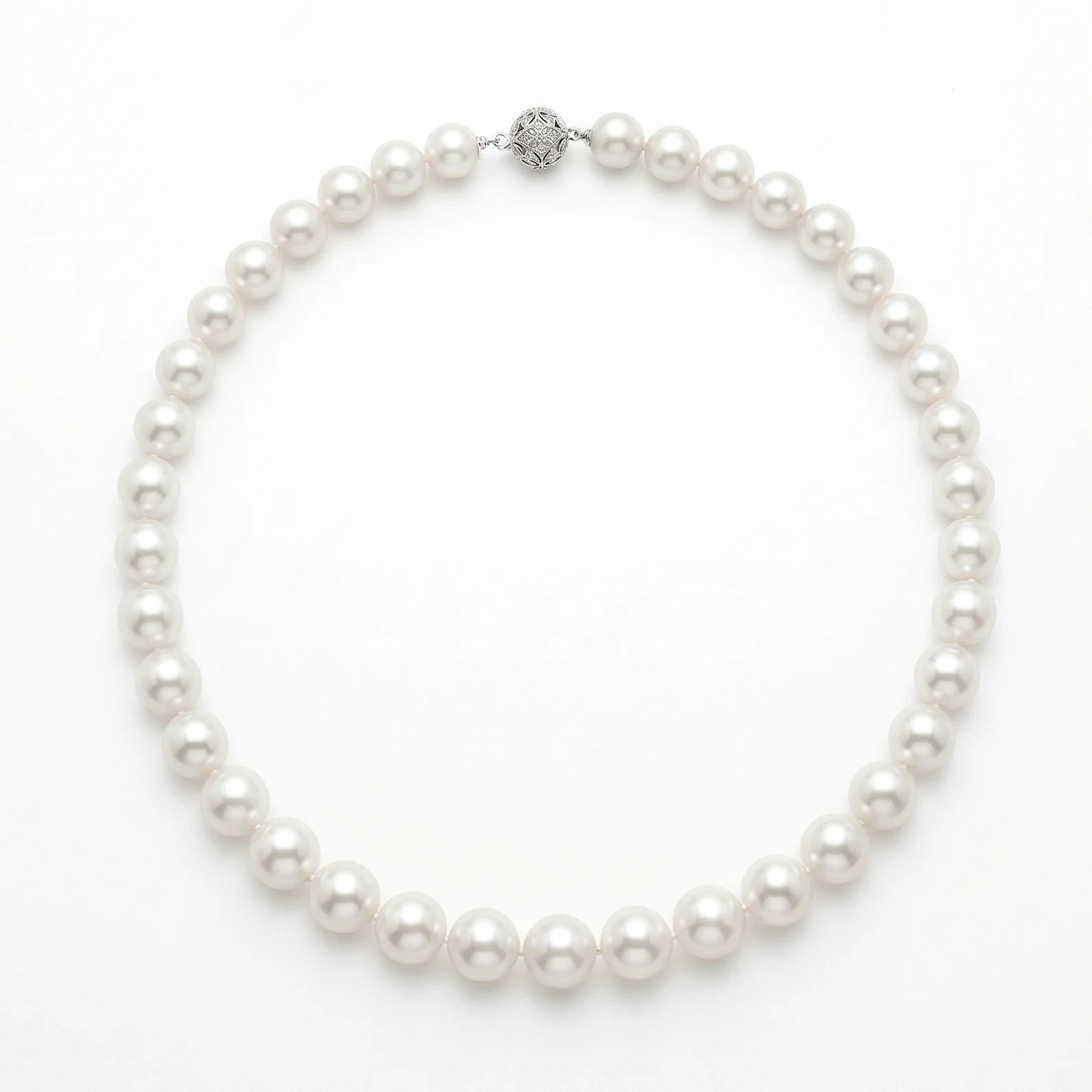 9.5–12mm White South Sea Pearl Necklace laid flat