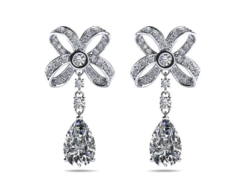 Custom platinum Emperor drop earrings with matched pear-cut diamond drops