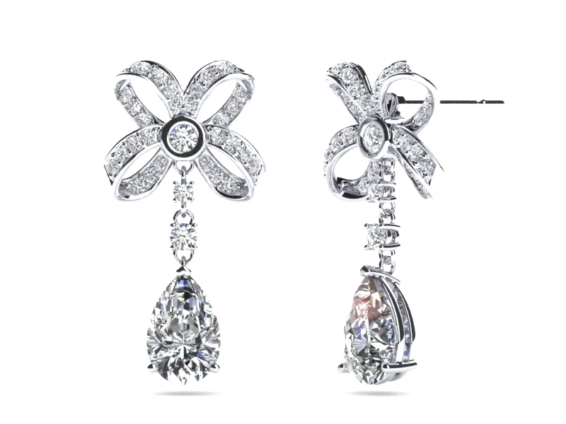 Platinum Emperor drop earrings showing the matched pear-cut diamond drops