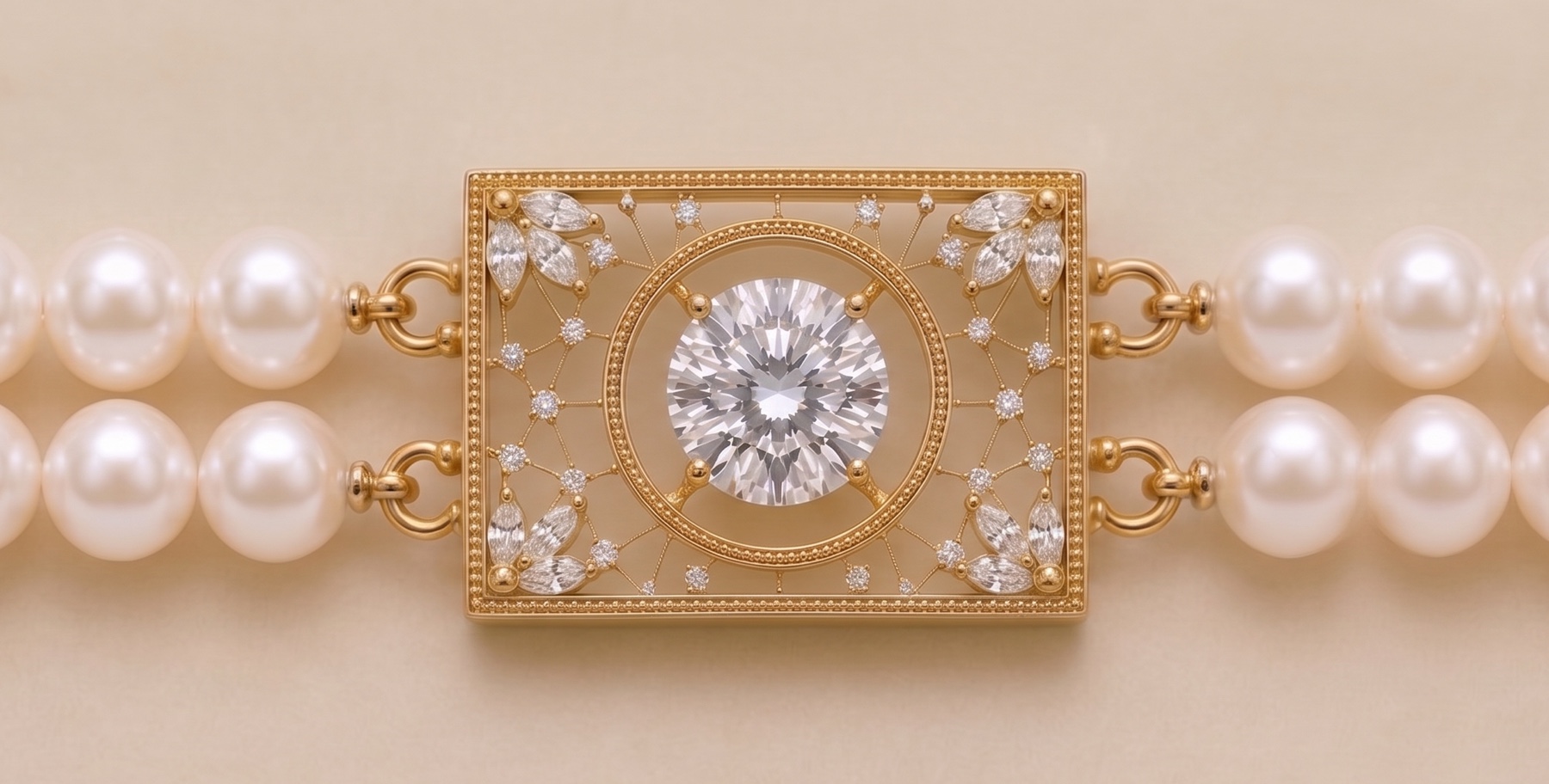 Design direction for the two-row piece &mdash; a compact gold openwork lattice clasp with a round brilliant diamond center, a beaded halo, and marquise diamond clusters, on a double (two-row) strand of white pearls