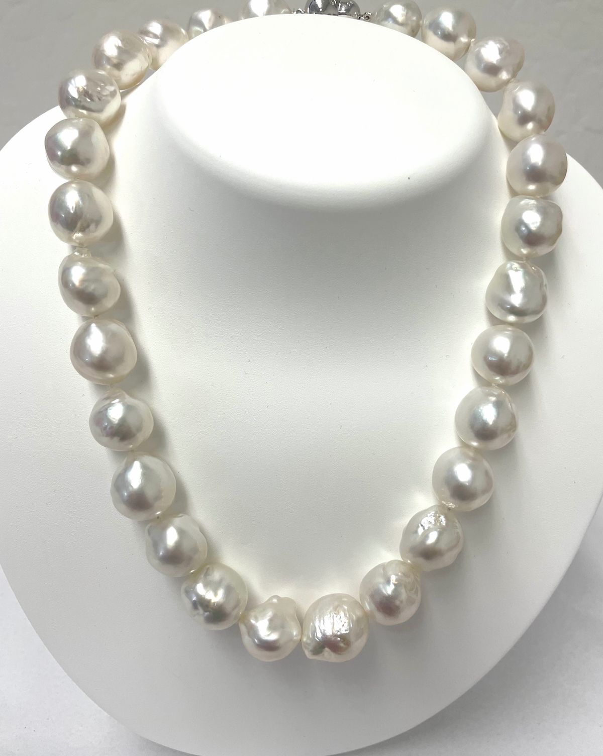 13mm to 15mm White South Sea Baroque Cultured Pearl Necklace 18K White Gold 18 Inches