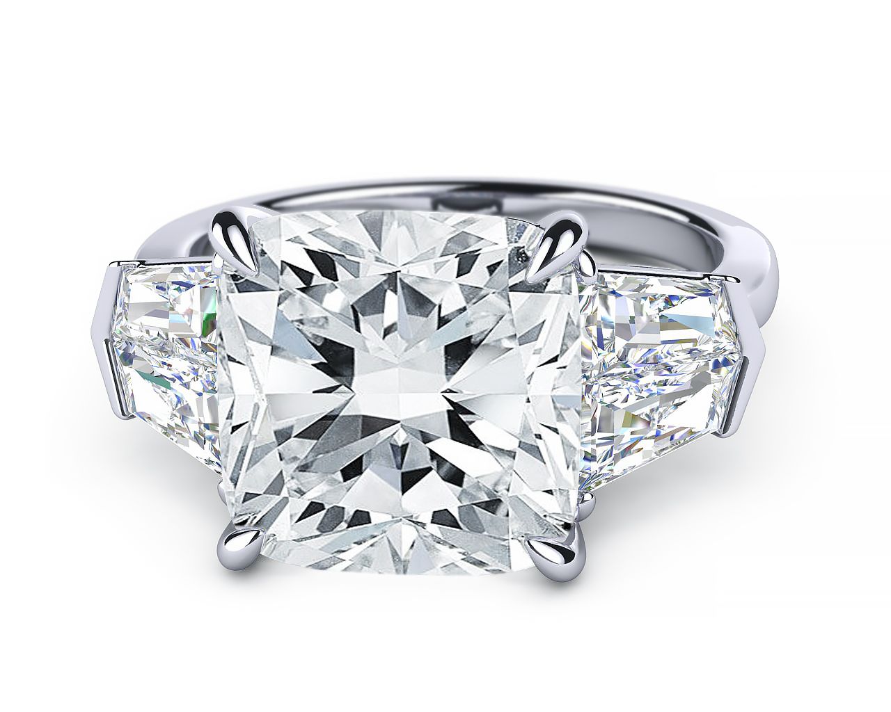 5 carat Cushion Cut Diamond flanked by custom Tapered Baguettes