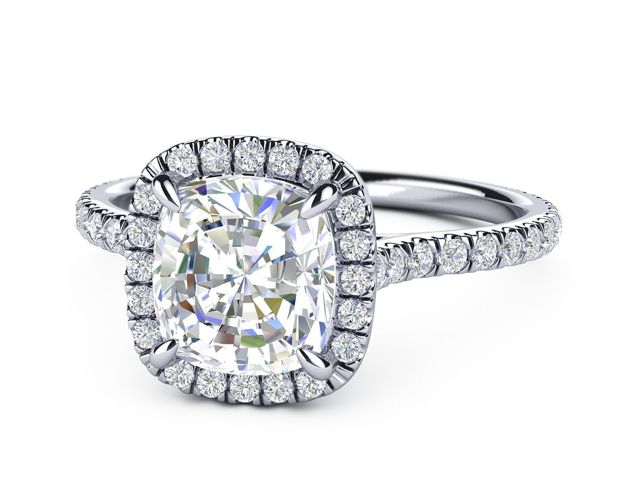 Cushion Diamond with Halo set in Platinum with Side Diamonds