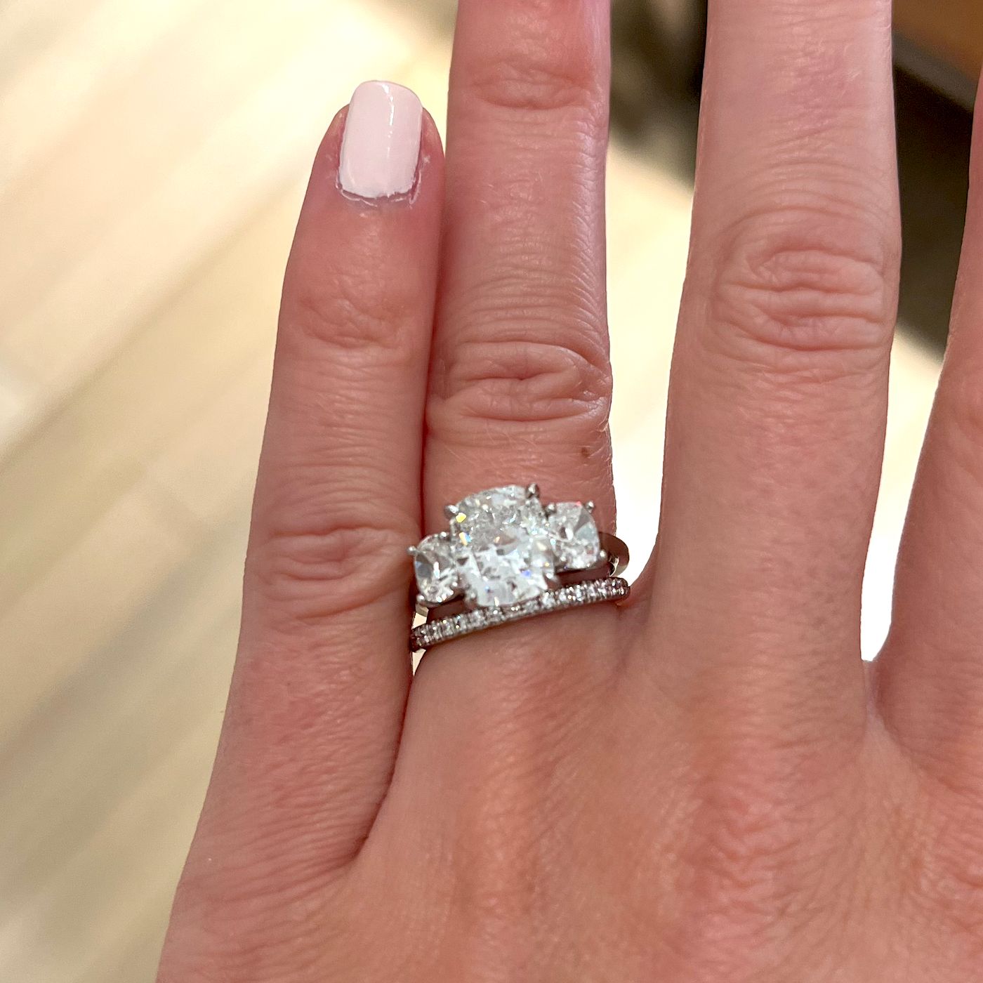 Three Stone Cushion Cut Platinum Diamond Ring Wedding Band Set
