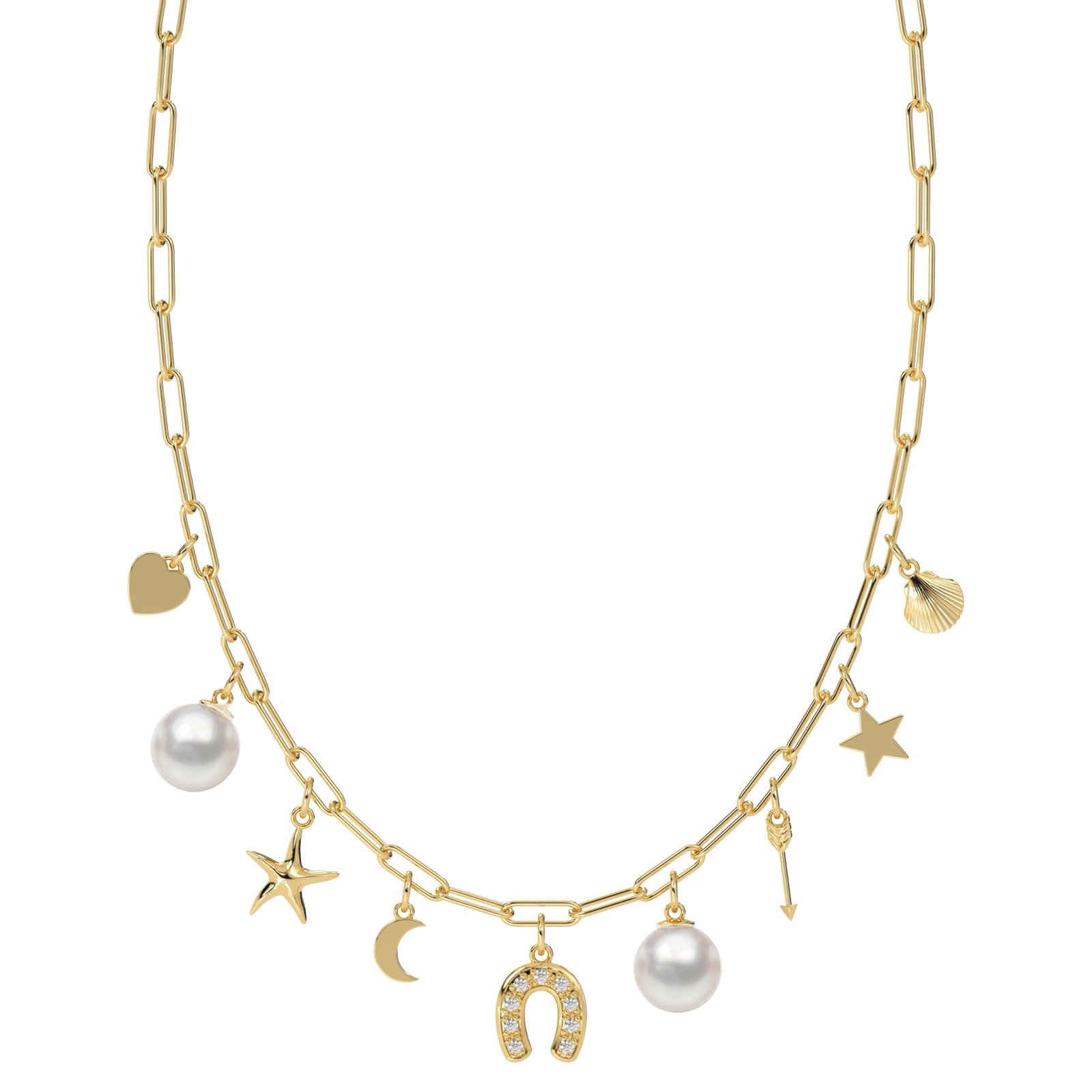 14K gold multi-charm pearl necklace laid flat, showing the paperclip chain and charms