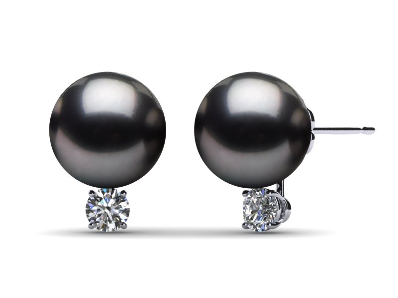 14K White Gold Diamond & Dark Black Tahitian Pearl Grace Earring