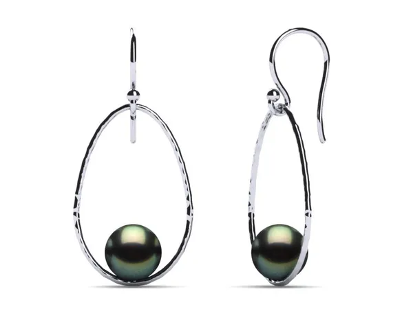 Tahitian Pearl Earring Drop Hoop Hammered