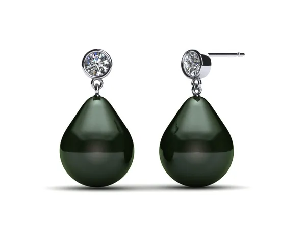 Tahitian Pearl Earring with Bezel Set Diamond and Drop Pearl