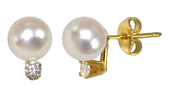 White Cultured Pearl and Diamond Earrings - 7 mm Pearls