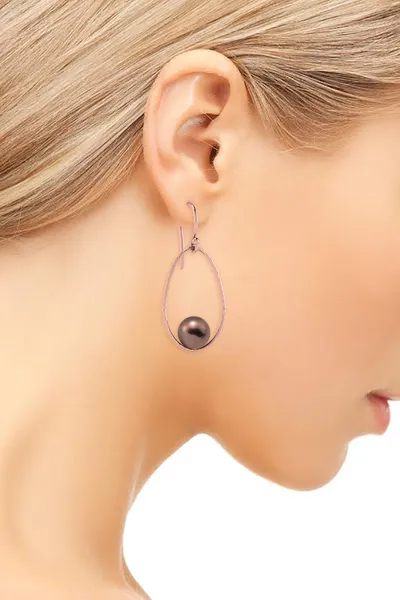 Freshwater Mocha Pearl Earring Drop Hoop Hammered