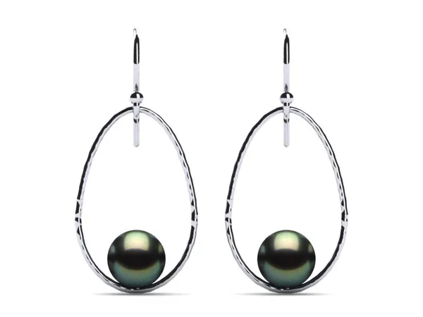 Tahitian Pearl Earring Drop Hoop Hammered