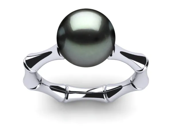 Tahitian Pearl Bamboo Engagement Ring and Wedding Band Set