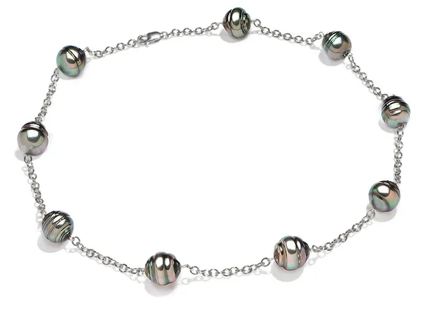 10 x 11mm Black Tahitian Ringed Baroque Cultured Pearl Tin Cup Necklace