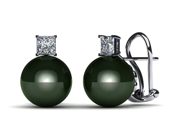 Tahitian Clip Back Pearl Princess Cut .90 carats t.d.w.