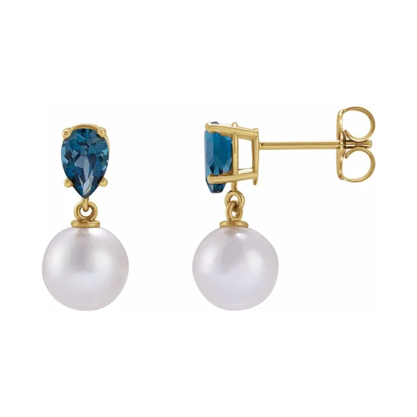 Akoya Pearl & London Blue Topaz Drop Earrings