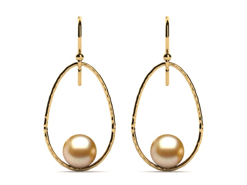 Golden Pearl Earring Open Drop Hoop Hammered