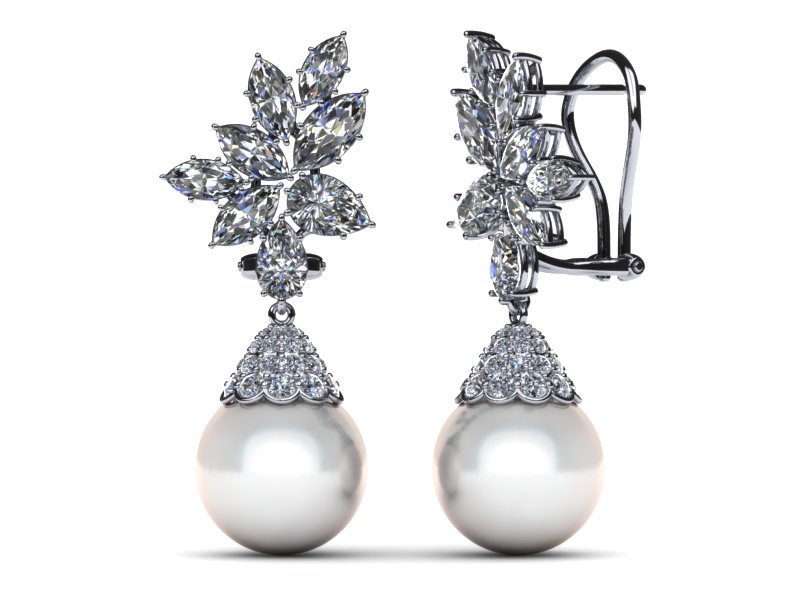 White South Sea Pearl Earring Cluster Diamond Cap Style 4.37 carats t.dw.
