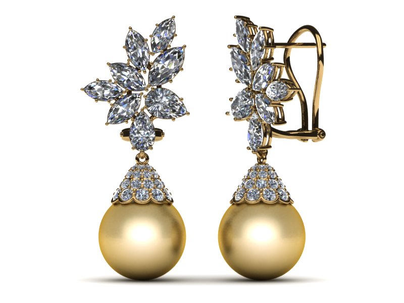 Golden South Sea Pearl Earring Cluster Diamond Cap 4.37 carats t.d.w.