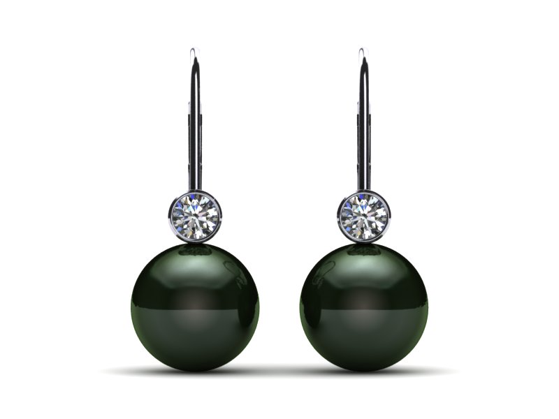 Tahitian Pearl Earring Lever Back with Diamond Bezel .40 carats t.d.w.