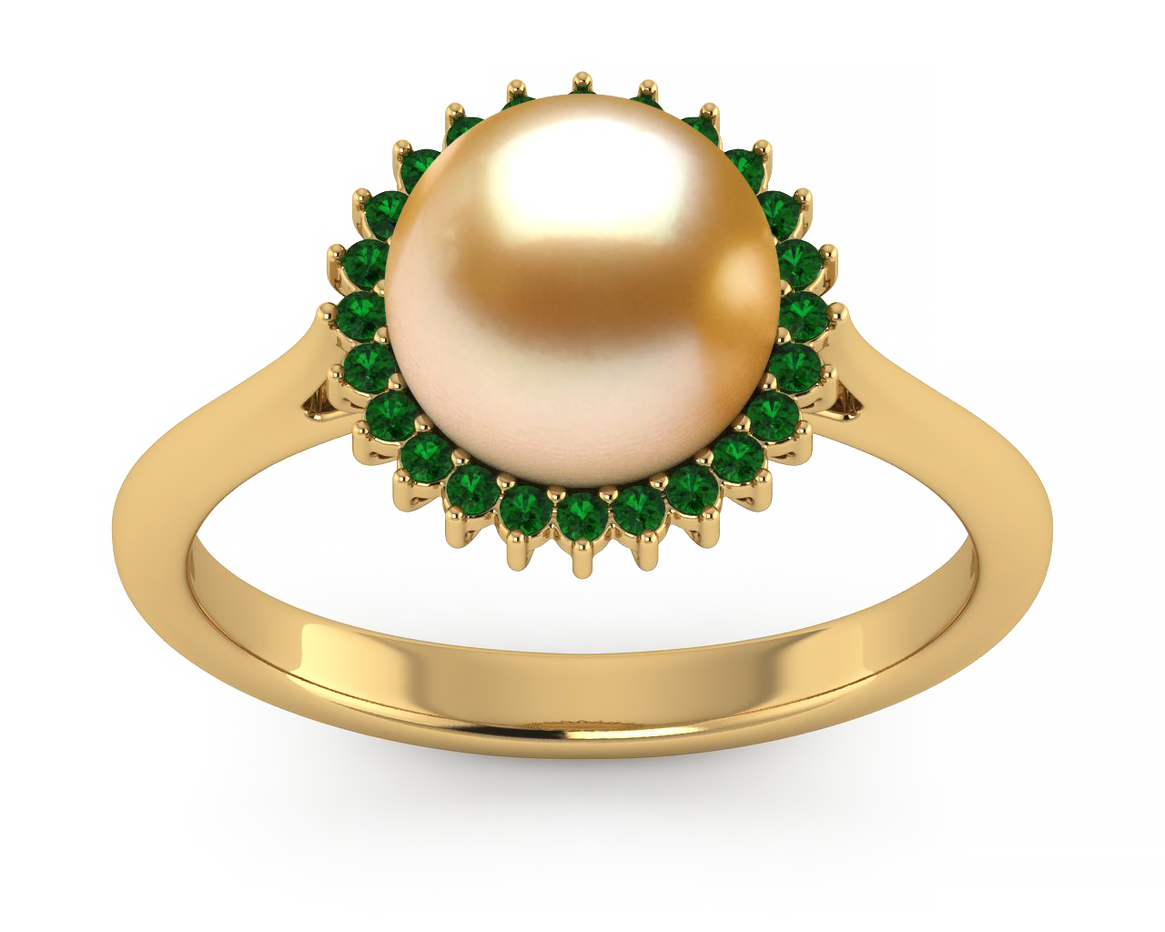 Golden Pearl Sunflower Ring with Emeralds