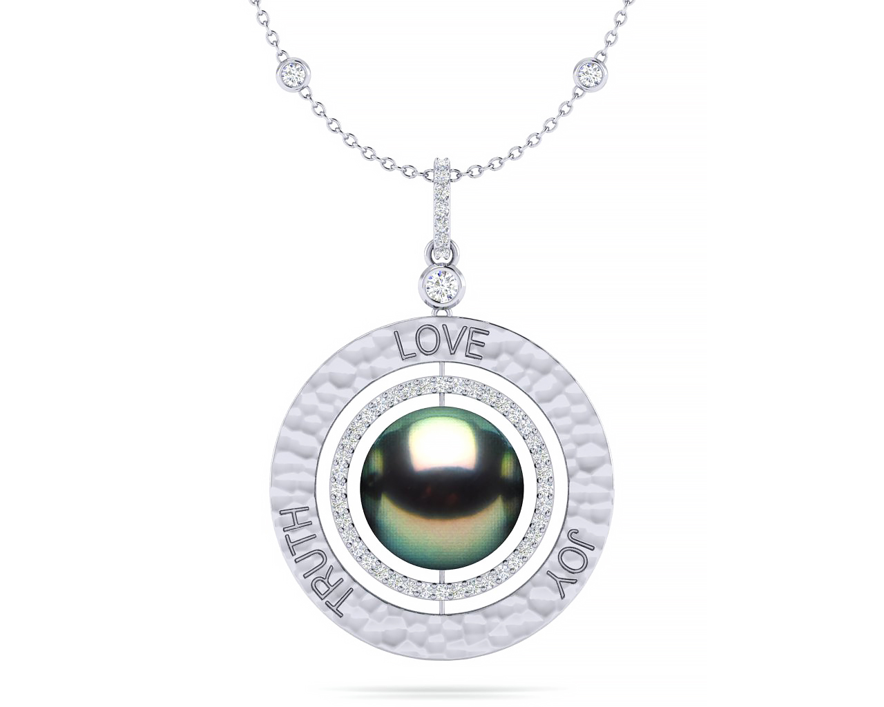 Tahitian Pearl Love Truth Joy Hammered Amulet Necklace