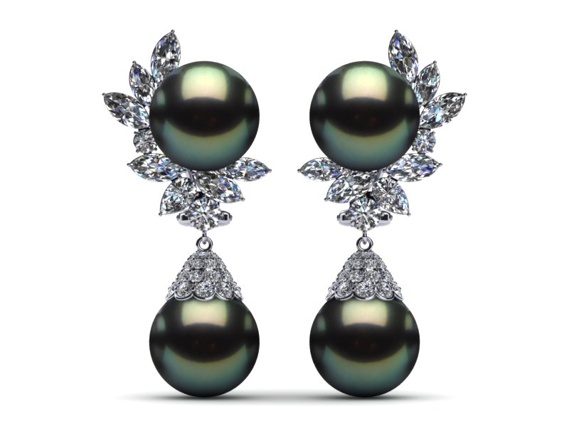 Tahitian Pearl Earring Diamond Cluster with Cap