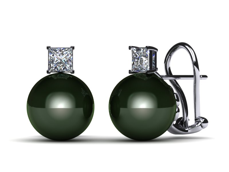 Tahitian Clip Back Pearl Princess Cut .90 carats t.d.w.