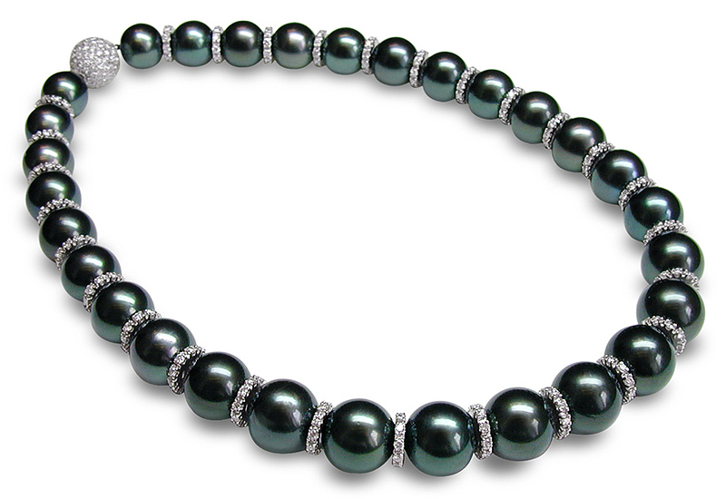 12 x 14mm Black Tahitian Cultured Pearls with Rondell and Diamond Ball Clasp Necklace - 16 inches