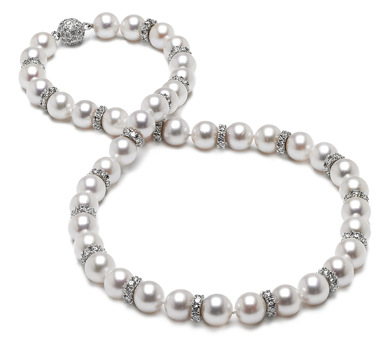 7.5 x 8 mm Japanese Akoya Cultured Pearl and Diamond Rondell Necklace - every two pearls
