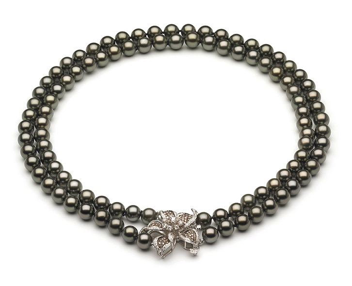 8 x 10mm Tahitian Pearl Necklace Double Strand with Diamond Flower Clasp
