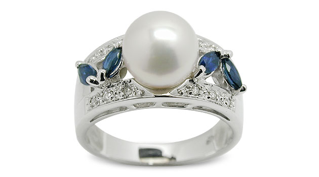 Blue Marquise a Japanese Akoya Cultured Pearl Ring
