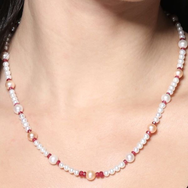 White, Peach Pearl & Ruby Briolette Spiritual Necklace