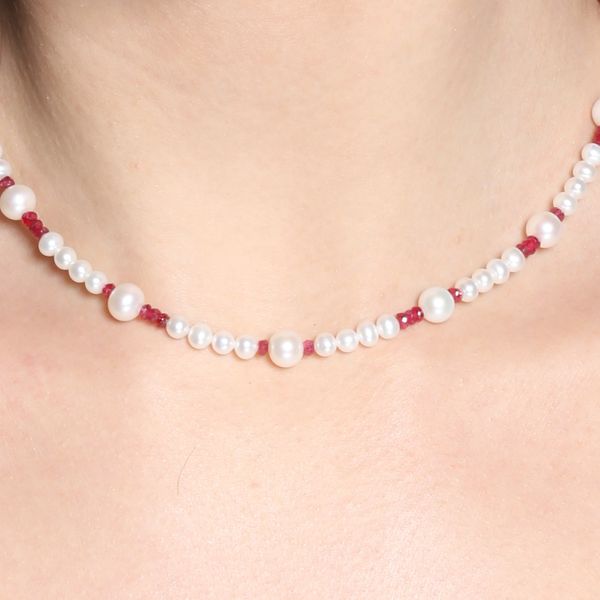 White, Peach Pearl & Ruby Briollete Spiritual Necklace