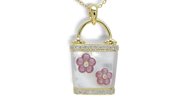 SOLD - Floral Bag White Gold Mother of Pearl Pendant