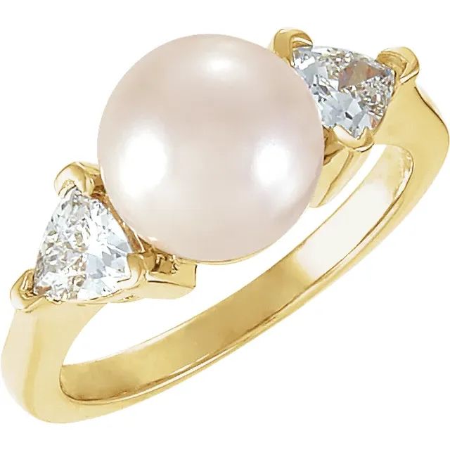 Japanese Akoya Cultured Pearl and Diamond Triangular Ring