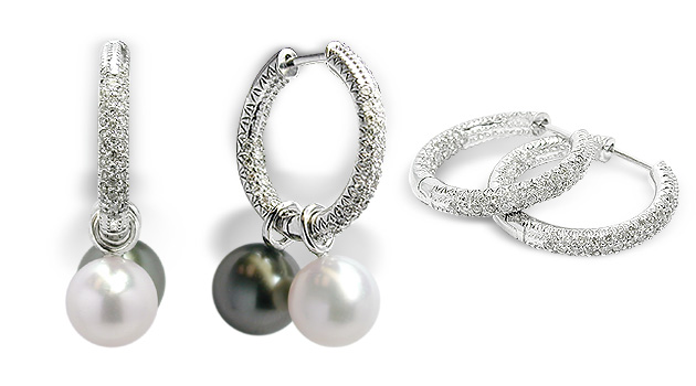 Micro Pavé Hoop Earrings with White or Black South Sea Cultured Pearls