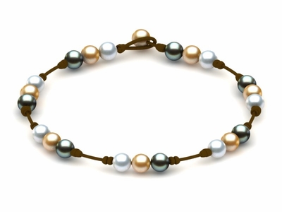 Pearl and Leather Necklace White Golden Tahitian