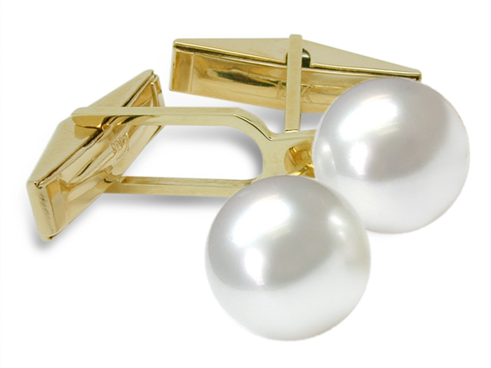 Sleeve Cuff Links - Australian White South Sea Cultured Pearl - 14K Gold
