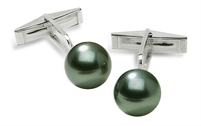 Sleeve Cuff Links - Black Green Tahitian Cultured Pearl - 14K Gold