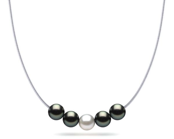 Tahitian Pearl Black and White 5 Pearl Snake Chain Necklace