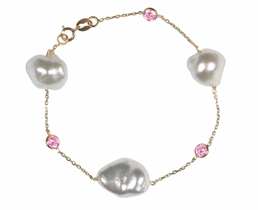 South Sea Keshi Pearl and Pink Sapphire Tin Cup Bracelet