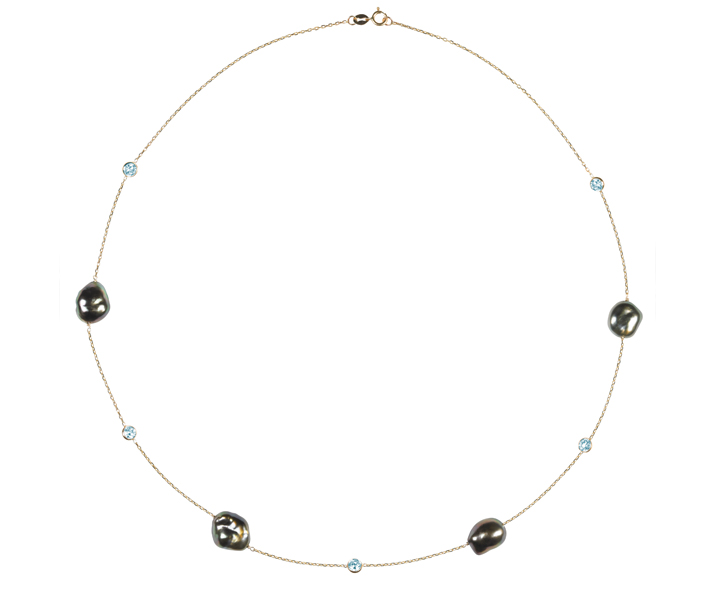 Tahitian Keshi and Aquamarine Tin Cup Necklace