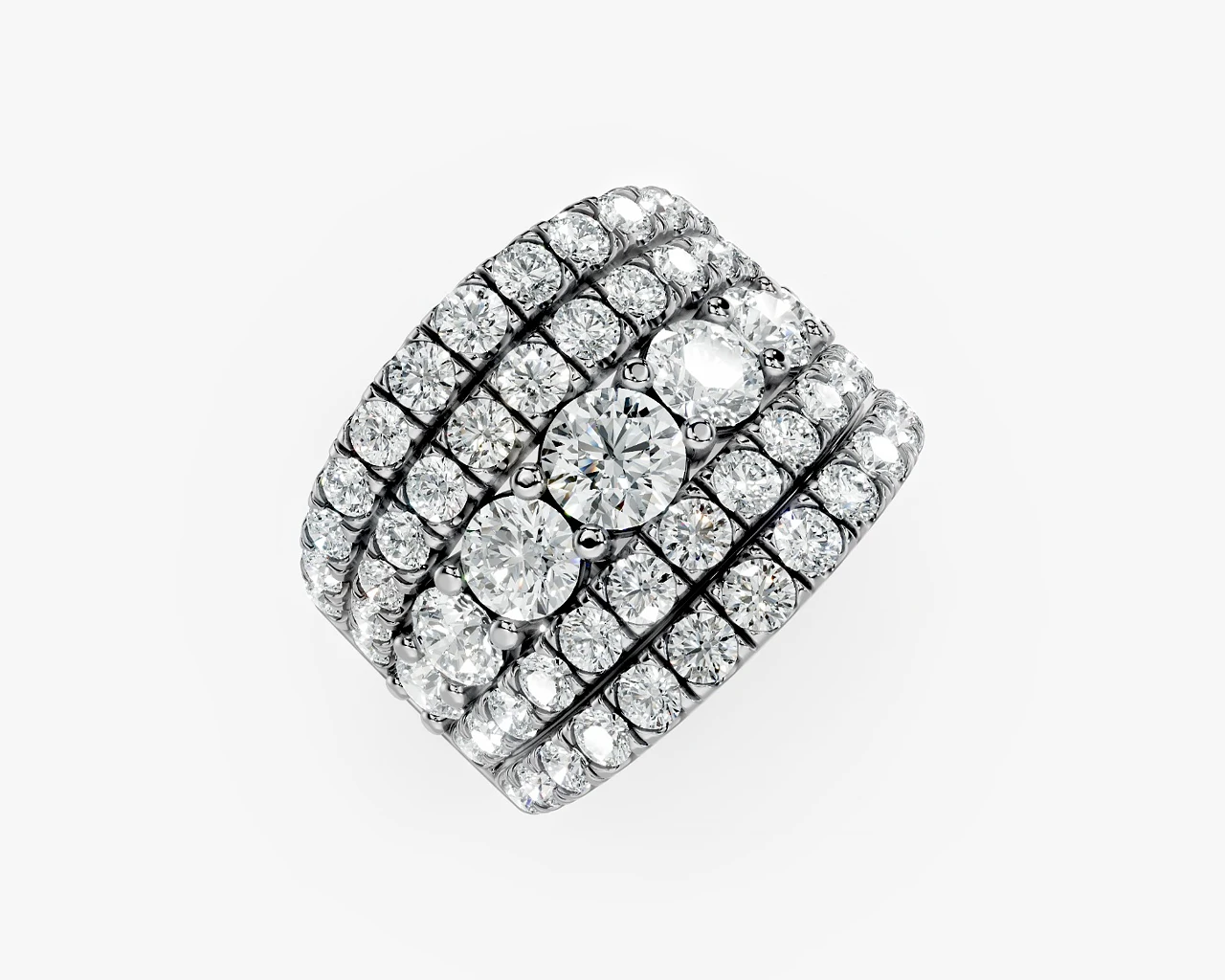 Five-row diamond anniversary ring, angled view showing the graduated rows