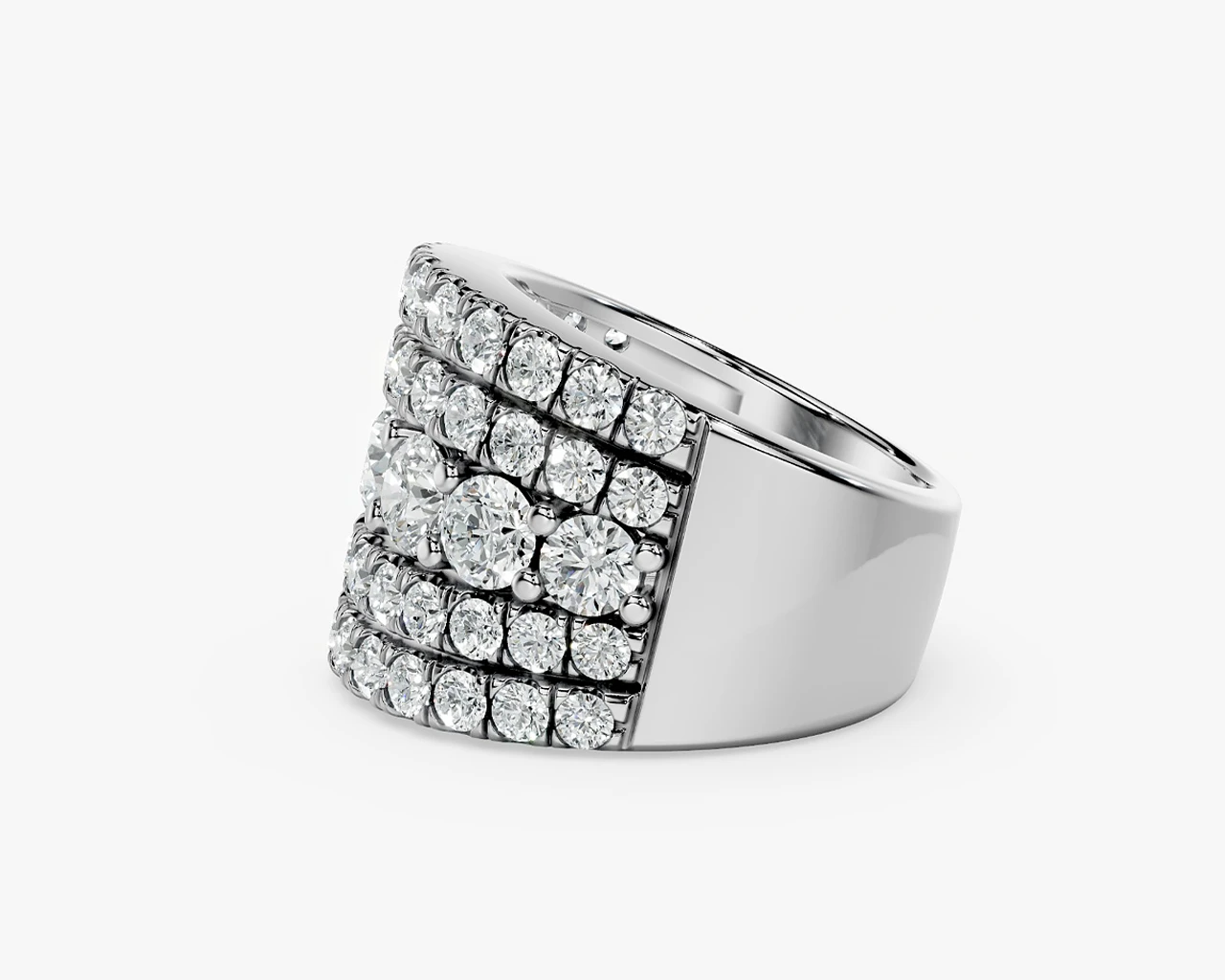 Five-row diamond anniversary ring, profile showing the tapered white-gold band