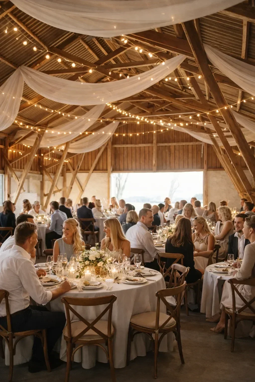 Bryllupsmiddag i laden på Agerup Gods med gæster ved runde borde og lyskæder