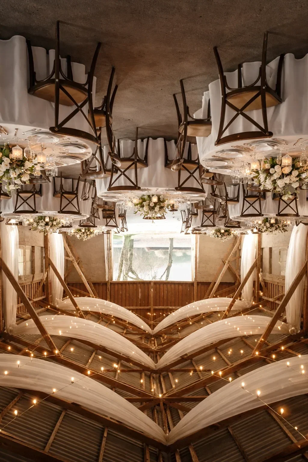 Laden på Agerup Gods dækket op til bryllupsmiddag med blomster og lyskæder